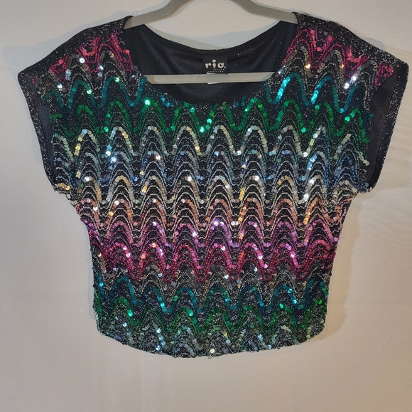 Vtg M 70s Rainbow Mattalic Chevron Sequin Disco Crop Top RIO Blouse USA UNION - Picture 6 of 10